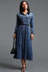 Kasuni Chic Tailored Contrast Collar Long Sleeve Denim Maxi Dress