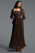 Lucica Romantic Flowy Long Sleeve Floral Lace Brown Top and Skirt Two Piece Set