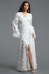Kijin Vintage Flowy V Neck Long Sleeve Faux Feather?Trimmed Side Floral Woven Maxi Dress