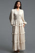 Ruthie Vintage Flowy Long Sleeve Ruffle Shimmer Satin Maxi Dress