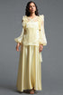 Viaya Romantic Flowy Long Sleeve Ruffle Shimmer Satin Maxi Dress