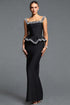 Vanessa Elegant Cinched Waist Spaghetti Strap Square Neck Pearl Top Bandage Midi Skirt Two Piece Set