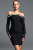 Sabrina Stylish Cinched Waist Off Shoulder Long Sleeve Pearl Bandage Mini Dress
