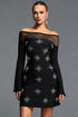 Winola Elegant Cinched Waist Off Shoulder Long Sleeve Rhinestone Mesh Spliced Bandage Mini Dress