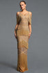 Tanya Exquisite Luxe Spaghetti Strap Rhinestone Fringe Bandage Maxi Dress