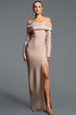 Yuri Elegant Cinched Waist Off Shoulder Long Sleeve Pearl Slit Bandage Maxi Dress