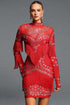 Twyla Exquisite Long Sleeve High Neck Rhinestone Tassel Mesh Spliced Bandage Mini Dress