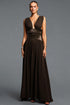 Liama Elegant Cinched Waist V Neck Sash Ruched Chiffon Satin Maxi Dress