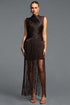 Vincy Elegant Sleeveless Fringe Bandage Brown Maxi Dress