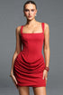 Gloria Chic Contour Square Neck Pleated Satin Red Mini Dress