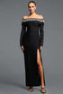Yuri Elegant Cinched Waist Off Shoulder Long Sleeve Pearl Slit Bandage Maxi Dress