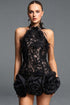 Jussi Stylish Halter Feather Floral Lace Mini Dress