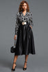 Xynia Vintage Tailored V Neck Long Sleeve Geometric Printed Spliced Satin Midi Dress