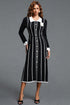 Resber Elegant Contour Collared Long Sleeve Contrast Striped Single-Breasted Knit Midi Dress