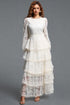 Katya Romantic Flowy Round Neck Long Sleeve Lace Tiered Maxi Dress