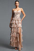 Zohara Elegant Spaghetti Strap Tiered Ruffle Slit Sequin Gold Maxi Dress