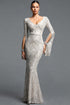 Lucki Elegant Contour V Neck Long Sleeve Sequin Silver Maxi Dress