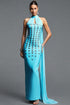 Makila Classic Contour Halter Rhinestone Bandage Maxi Dress
