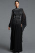 Hospha Elegant Flowy High Neck Long Sleeve Pearl Rhinestone Chiffon Maxi Dress