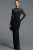 Rami Elegant Contour Long Sleeve Rhinestone Ruched Mesh Maxi Dress