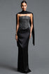 Encho Elegant Contour Strapless Rhinestone Sash Satin Top and Skirt Set
