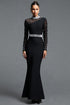 Urania Elegant Contour Mock Neck Long Sleeve Pearl Mesh Knit Maxi Dress
