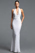Jaelyn Elegant Fitted Halter V Neck Pearl Slit Maxi Dress