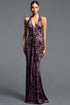 Jacova Sexy Contour Halter V Neck Ruched Printed Knit Maxi Dress