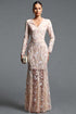 Sareza Classic Contour V Neck Long Sleeve Floral Embroidery Sequin Feather Maxi Dress
