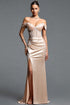 Kavaza Elegant Luxury Off Shoulder Ruched Rhinestone Slit Satin Maxi Dress