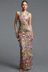 Sofia Classic Contour Turtleneck Sleeveless Floral Embroidery Maxi Dress