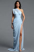 Sami Elegant Waist Cinched One Shoulder Ruched Slit Train Chiffon Blue Maxi Dress