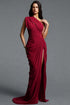 Sami Elegant Waist Cinched One Shoulder Ruched Slit Train Chiffon Red Maxi Dress