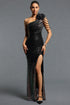 Haley Classic Asymmetrical Shoulder Sleeveless Floral Sequin Maxi Dress