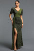 Koper Elegant Contour V Neck Short Sleeve Sequin Ruched Maxi Dress
