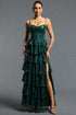 Zohara Elegant Spaghetti Strap Tiered Ruffle Slit Sequin Green Maxi Dress