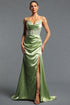 Fawn Elegant Contour Spaghetti Strap Embroidered Ruched High Slit Satin Maxi Dress