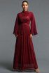 Fahrenheit Elegant Flowy High Neck Long Sleeve Sequin Pleated Chiffon Maxi Dress