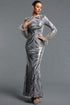 Laurel Elegant Round Neck Tulle Ruffle Long Sleeve Iridescent Sequin Mermaid Maxi Dress