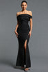 Rebekah Classic Off Shoulder Rhinestone Ruched Slit Maxi Dress