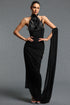 Lliana Classic Halter Sleeveless Feather Rhinestone Pleated Maxi Dress