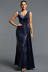 Milo Classic Contour V Neck Sleeveless Sequin Ruched Sash Blue Maxi Dress