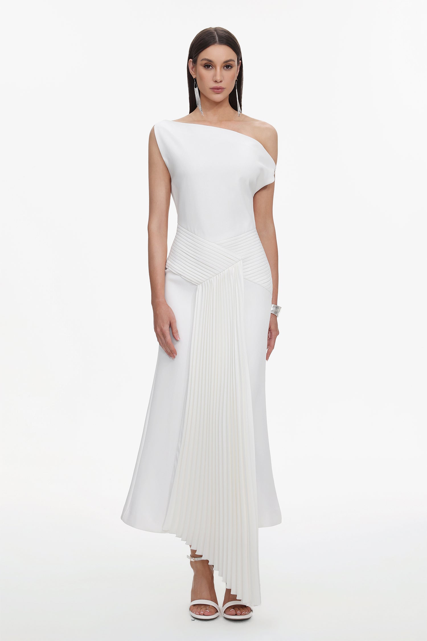 Paulina Oblique Shoulder Sleeveless Folds Midi Dress