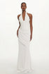 Theodora Chic Contour V Neck Halter Ruched Sequin White Maxi Dress
