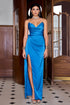 Buffy Satin Pleating Slit Dress - Blue