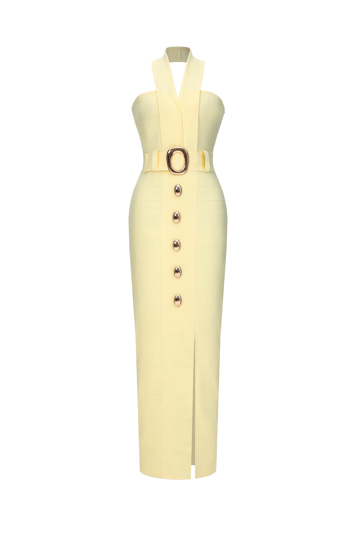 Lanla Chic Contour Halter Metal Buckle Bandage Maxi Dress