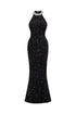 Giela Elegant Contour Halter Pearl Sequin Maxi Dress