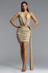 Turey Chic Contour Halter Deep V Ruched Pearl Knit Beige Mini Dress