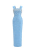 Vafa Glamorous Contour Square Neck Pearl Rhinestone Bandage Maxi Dress