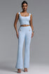 Vivienne Chic Straight-shoulder effect Sleeveless Square Neck Wavy Knit Blue Top and Pant Set